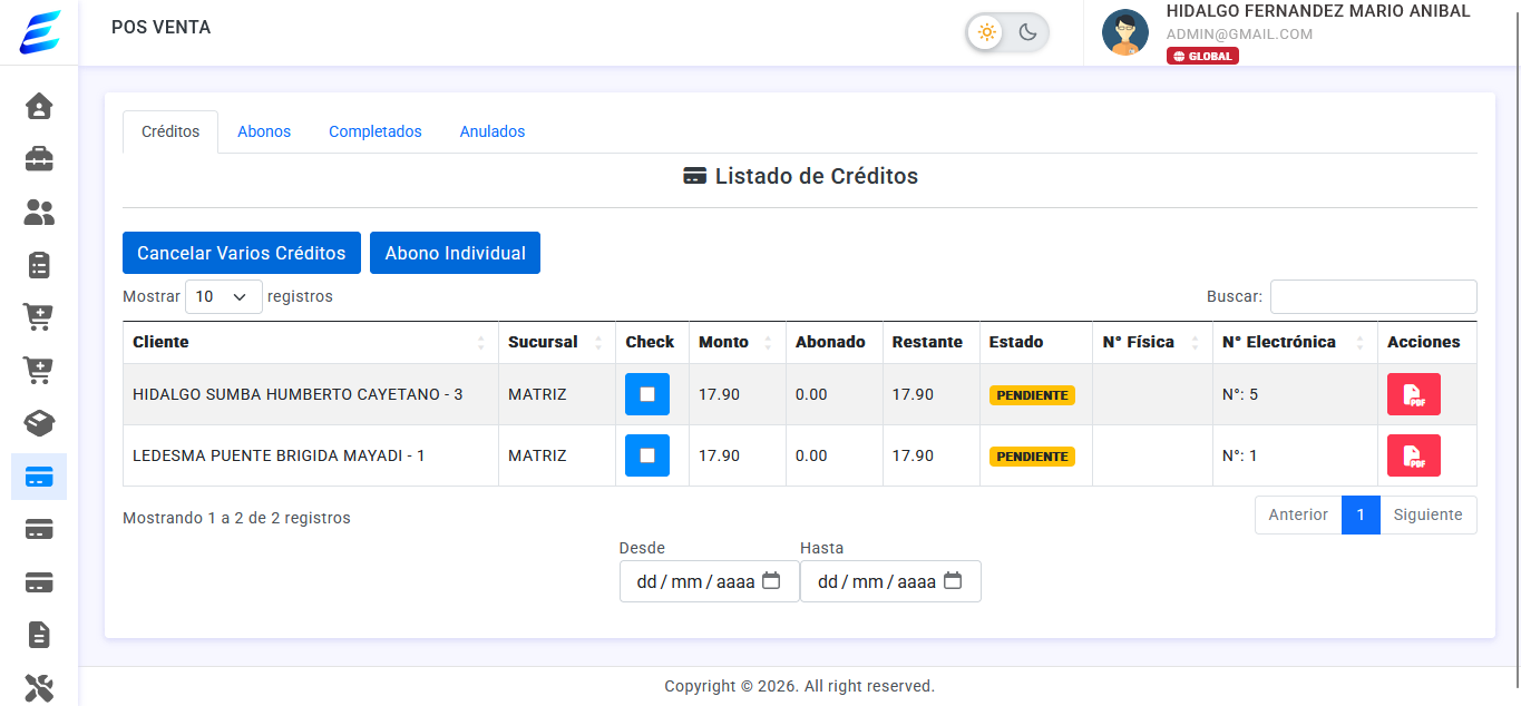 Captura del módulo Créditos de EdeFactu